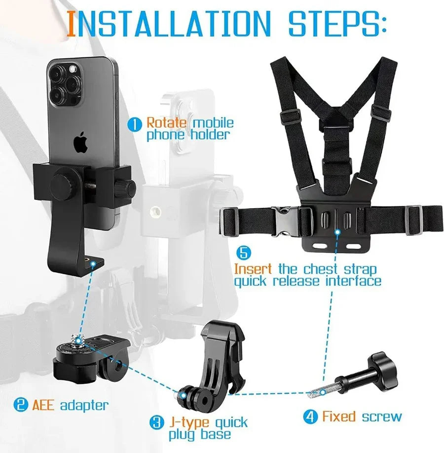 Support Téléphone Réglable avec Sangle de Poitrine - Pour Caméra & Smartphone